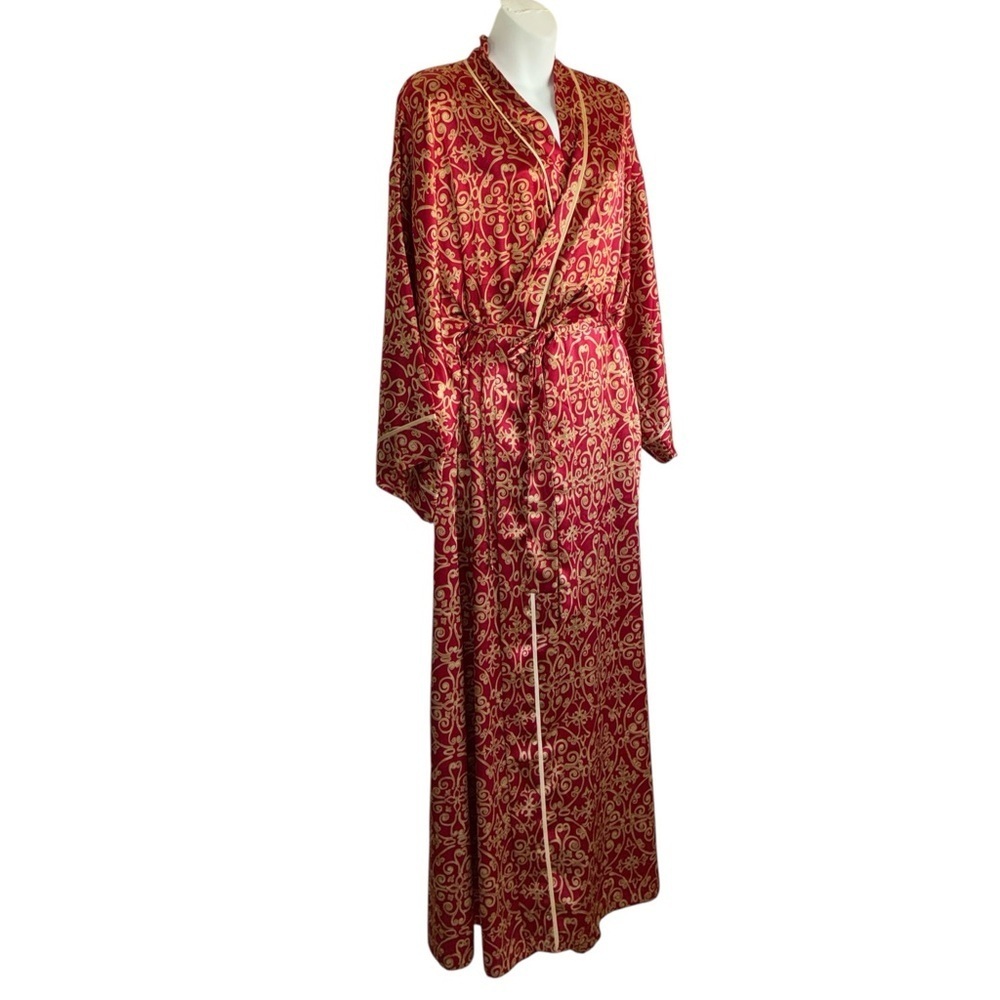 Natori Private Luxuries Robe Women L, Red/Gold Satin Robe Belt, Gold Piping. EUC